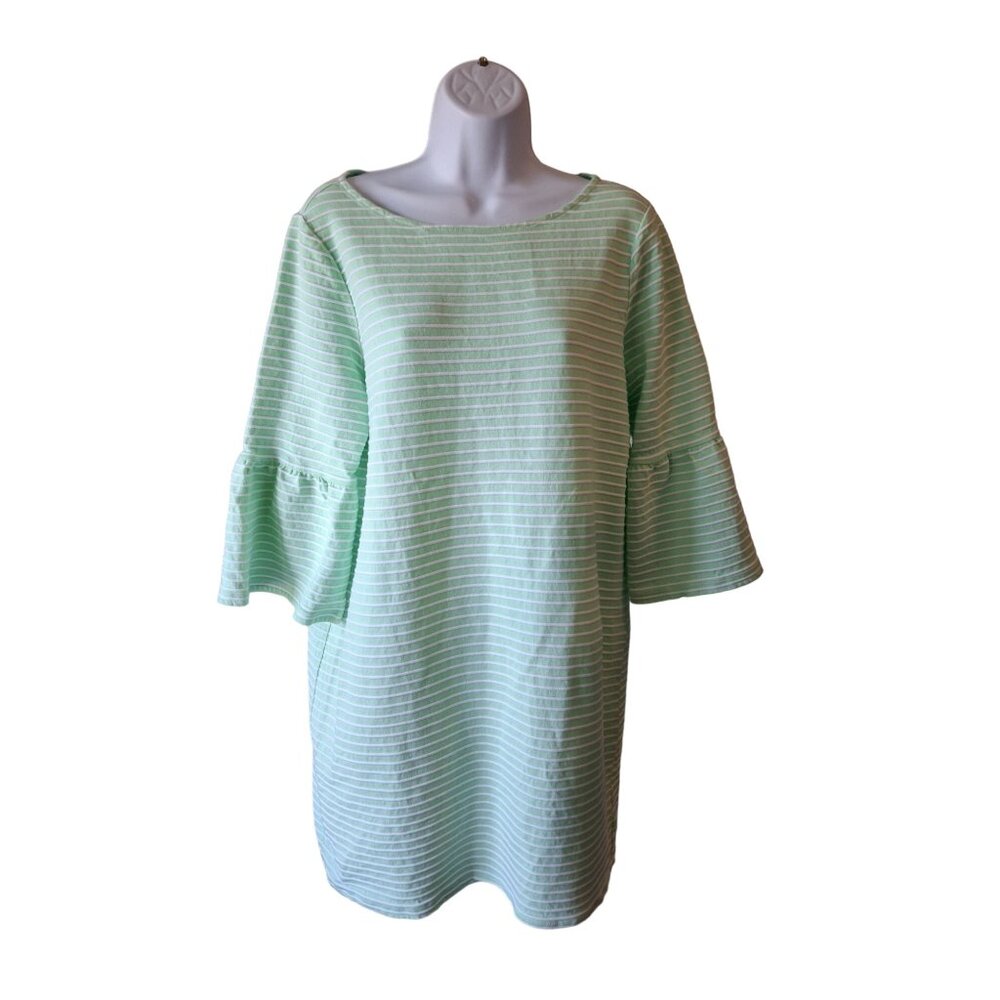 Crown & Ivy Womens Shift Dress Medium Mint Green Striped Bell Sleeve Preppy